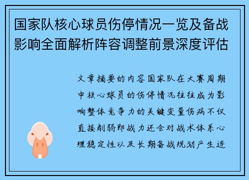 国家队核心球员伤停情况一览及备战影响全面解析阵容调整前景深度评估