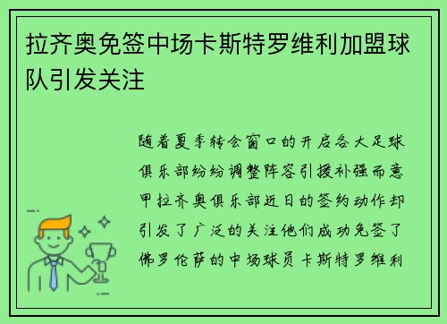 拉齐奥免签中场卡斯特罗维利加盟球队引发关注